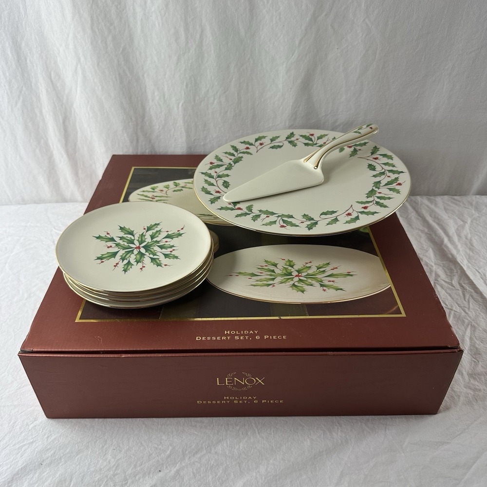 Lenox Dimension Holiday Dessert Set 6 Pc Footed Cake Plate Server 4 Plates NEW